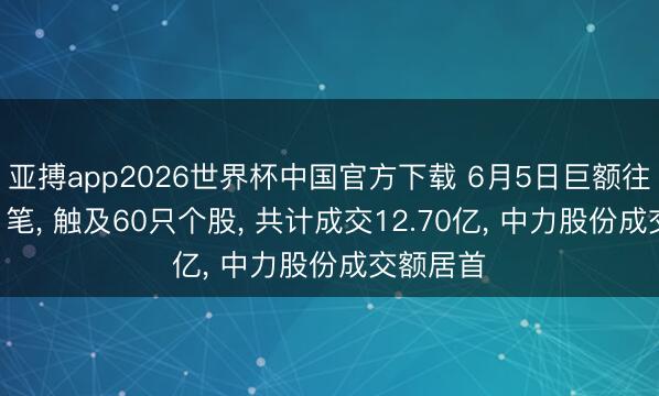 亚搏app2026世界杯中国官方下载 6月5日巨额往复共111笔， 触及60只个股， 共计成交12.70亿， 中力股份成交额居首